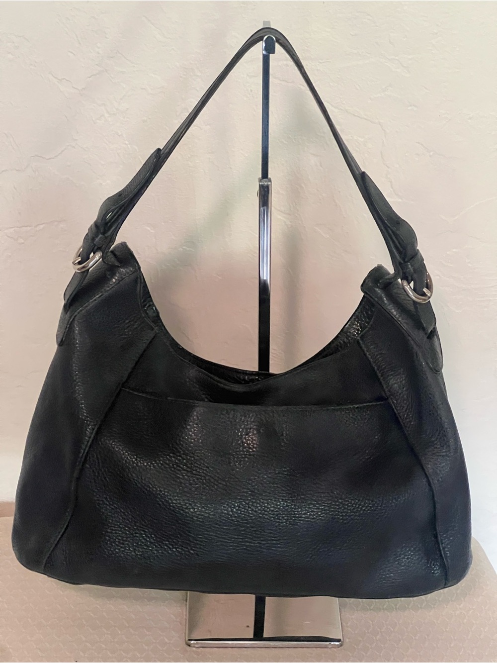 FURLA Black Pebbled Leather Classic Hobo Bag